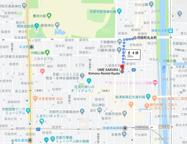 河原町丸太町バス停からのルート