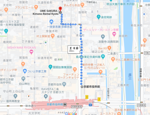 市役所前バス停からのルート（河原町通り）
